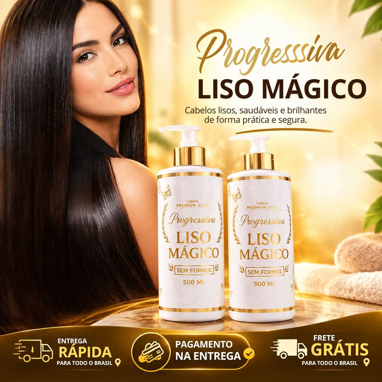 Mulher com cabelo liso e brilhante e frascos Progressiva Liso Mágico 500 ml